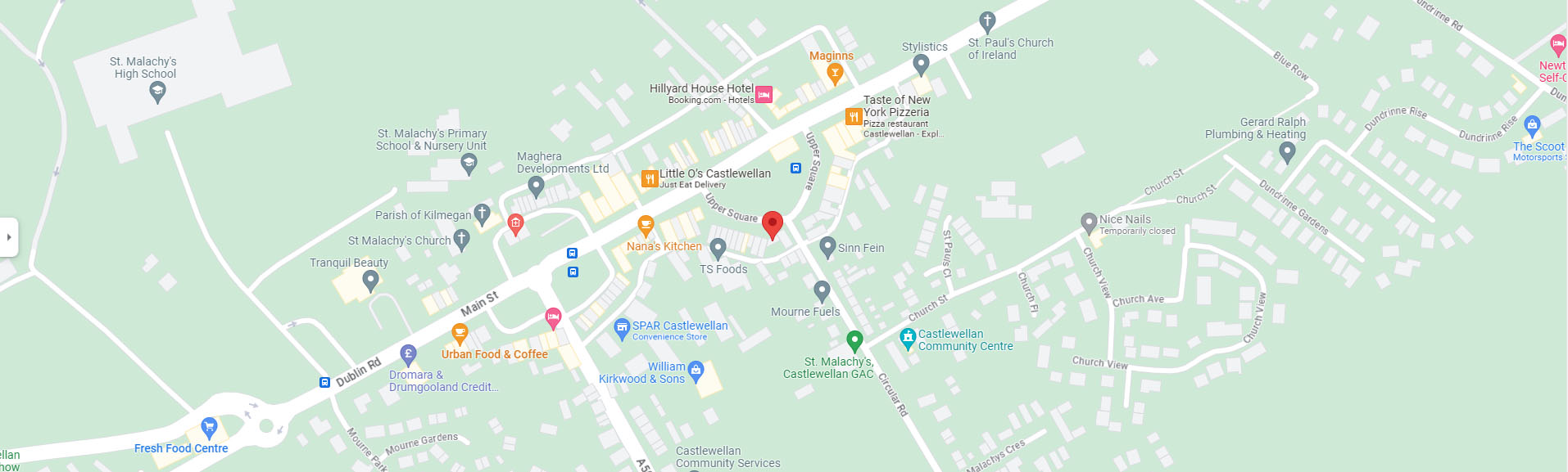 Map of Castlewellan showing the Farrell Accountants office on Upper Square